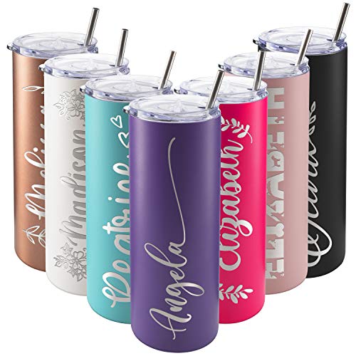 Personalized Skinny Tumblers With Lid, Gifts For Her 20 Oz Purple, 12 Designs | Custom Engraved Tumbler W Name - Personalized Cups - Gifts For Women, Double-Walled Stainless Steel #TOP10