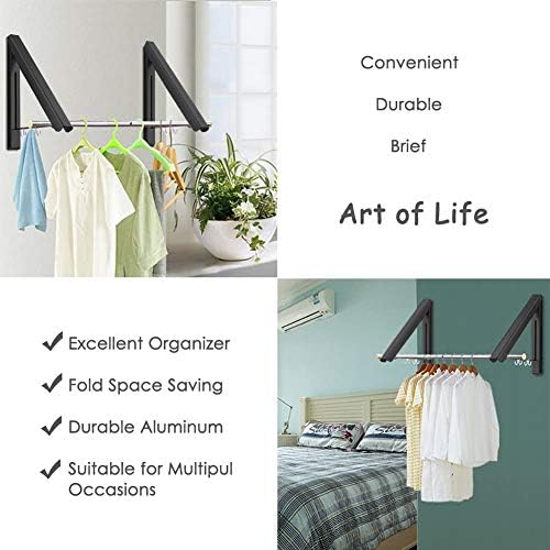 LIVEHITOP Wall Mounted Clothes Rail with Rod, Foldable Coat Hanger Racks Dryer Aluminum Hanging Wardrobe Hooks for Bedroom Bathroom Balcony (Black +Rod)