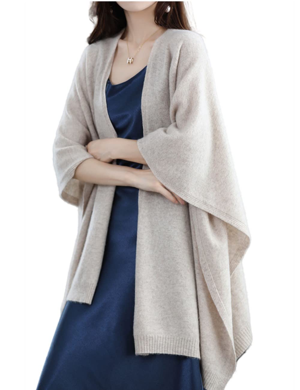 Women's Shawl Wrap Plus Size Cardigan 100% Merino Wool Poncho Cape Fall Winter Open Sweater Coat, Light Camel, One size