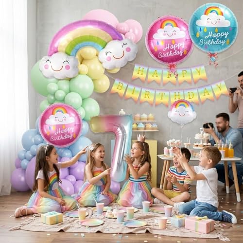 Image of Set of 59 Pcs 7th Birthday Decoration Kit with Number 7 Foil Balloon, Rainbow Foil Balloon, Happy Birthday Banner, Round Foil Balloons and Pastel Latex Balloons for Party Decoration