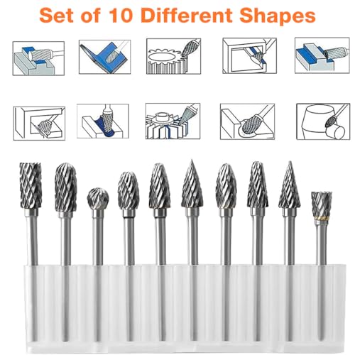 Image of Serplex Tungsten Carbide Rotary Burr Set for Dremel, 10pcs Carbide Double Cut Carving Burr Bits with 1 /8 inch Shank Rotary Tool Accessories for Woodworking, Engraving, Drilling, Steel Metal Working