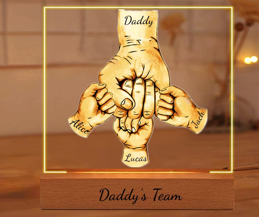 Fathers day Daddy's Team Fist Bump Light Gift, Personalized Acrylic Daddy Fist Bump LED Night Light, Custom Dad Fist Bump Gift, Father's Day Christmas Birthday Gifts for Daddy, Grandpa (Style-02)