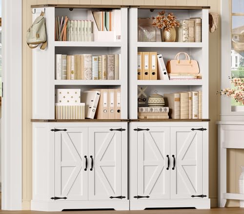 Image of TEENFON 70.9in Tall Storage Cabinet with Adjustable Shelves, Kitchen Pantry Cabinet with 2 Barn Doors, 5 Tiers Farmhouse Bookcase for Living Room, Kitchen, Home Office, Bedroom, White