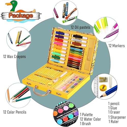 Image of WISHKEY 67 Pieces Art Set for Kids with Duck Theme Case, Art and Craft Supplies Kit for Drawing and Painting with Sketch Pen, Paint Colors, Brush, Color Pencils, Crayons (Pack of 1, Yellow)