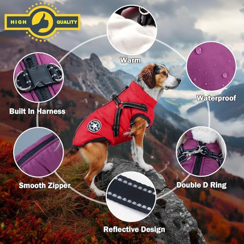 Ectkuee Wasserdichter Wintermantel mit Geschirr für Hunde, Jacke, Kostüm, warm, Kleidung, Welpen, Tierweste, reflektierend, winddicht, für kleine und mittelgroße Hunde (strapazierfähiger D-Ring)