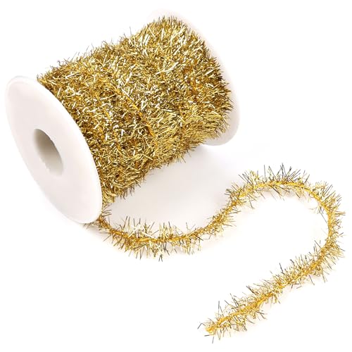 CCINEE Christmas Tinsel Garland 65.6 FT Gold Glitter Ribbon Metallic Foil Thin Christmas Mini Garland for Xmas Tree Party Wedding Decorations Craft Supplies