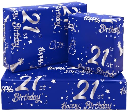 21st Birthday Wrapping Paper 5Pcs 50 * 70cm Blue Silver Wrapping Paper for Boy Girls Birthday Decorations