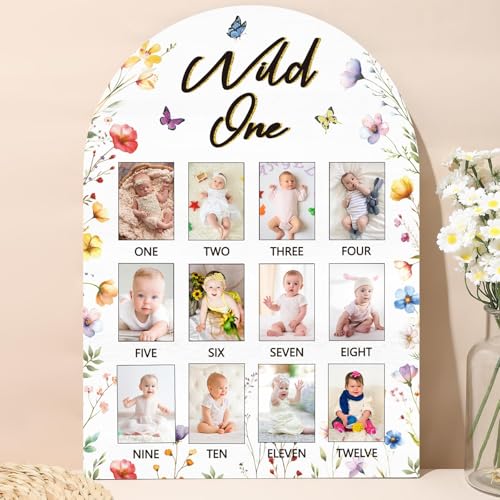 Image of Wildflower First Year Photo Board Wild Flower Birthday Party Decorations Wooden Board 12 Monthly Milestone Picture Frame Flower 1st Birthday Banner for Baby Girl Keepsake Gift Supply (Fit 2x2.8in Pic)