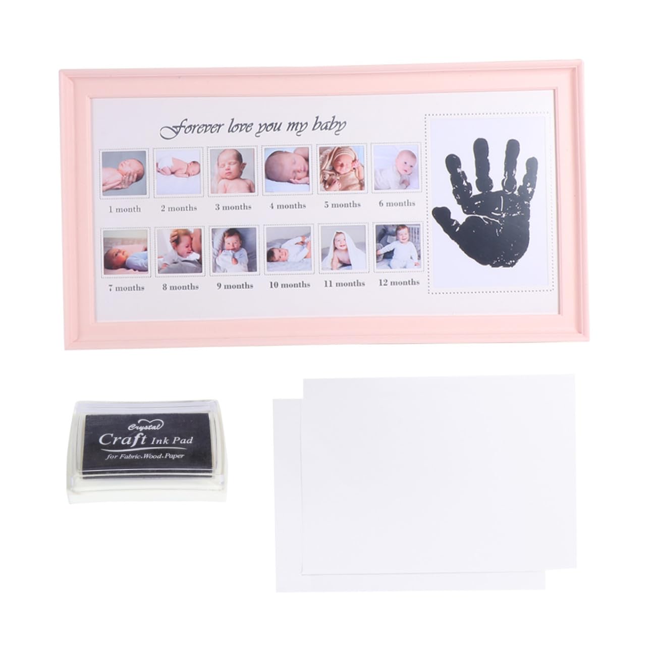 ERINGOGO Marco de Fotos para Recién Nacido Registro de Crecimiento, Soporte para Huellas y 12 Fotos, Color Rosa, Material Pvc, Obsequio Adecuado para Ñiño