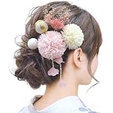 [Baramoly]髪飾り 9色展開 浴衣 ピンポンマム 成人式 和装小物 卒業式 結婚式 和装 着物 袴 振袖 かすみ草 和玉 YP003 ピンク/ホワイト