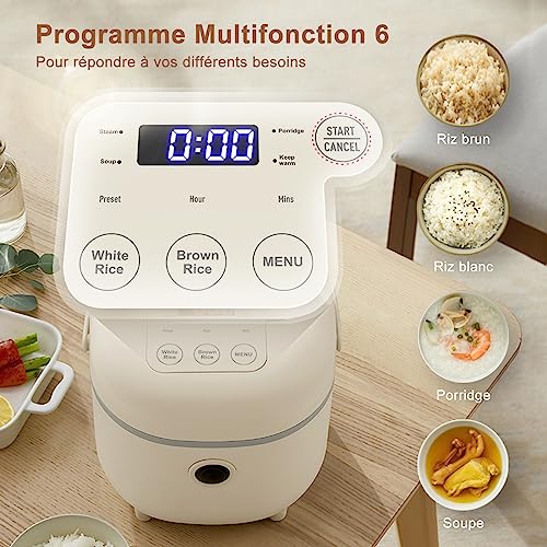 Bear Cuiseur à riz 3,5 tasses (non cuit) avec cuiseur vapeur, Multifonctionnel 350W Electric Mini Rice Cooker,6 fonctions de cuisson du riz pour 2-4 personnes – Image 4