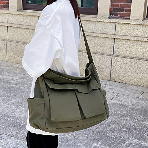 Image of LassZone Canvas Messenger Bag Large Crossbody Bag Hobo Shoulder Handbags Multi Pocket Denim Tote Bag for Women or Men