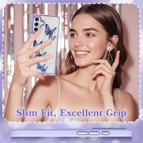 Image of VONZEE for Samsung Galaxy A56 5G Clear Glitter Butterfly Case, Cute Bling Sparkle Shiny Soft Silicone TPU Bumper Shockproof Women Girls Slim Protective Phone Back Cover for Galaxy A56 5G, Purple