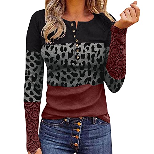 Womens Tops Dressy Casual Ribbed Knit Henley Long Sleeve Tunic Lace Button Shirt Blouses Blusas De Mujer Sweaters Knitwear Fall Spring Winter Warm Clothes Outfits Christmas Comfy Sexy Gift Wine XL