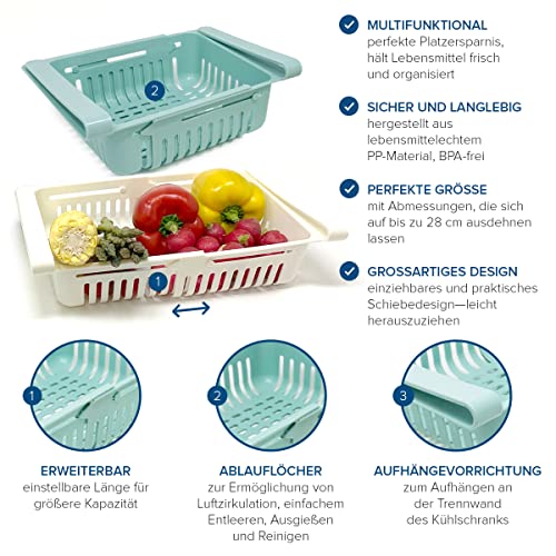 joeji's Kitchen Satz mit 2 Kühlschrank Schubladen als Kühlschrank Organizer/Kunststoff Kühlschrank Aufbewahrungsbox/Ausziehbare Fridge Organizer (blau, weiß)