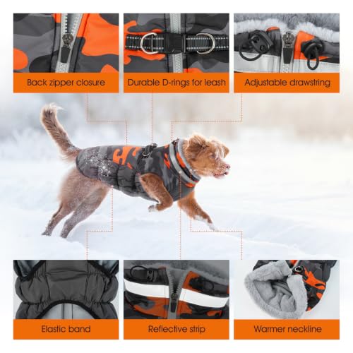 Image of Lelepet Dog Winter Coat with Harness, Waterproof Reflective Camo Jacket