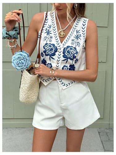 GORGLITTER Women's Boho Western Vest Tops Vintage Sleeveless Button Down V Neck Vest Cowgirl Waistcoat4