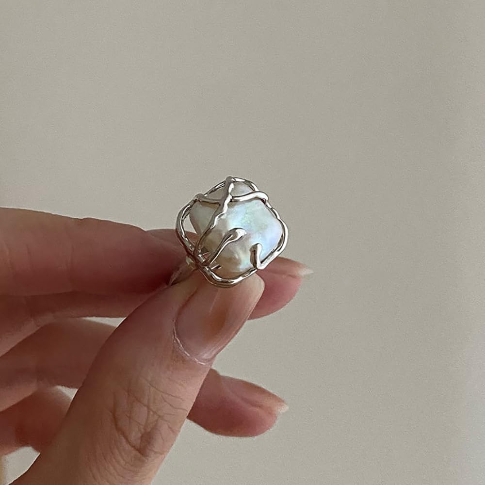 IMINI Anillo de plata de ley 925 con perla barroca irregular para mujer y niña, anillo de moda ajustable para mujer y niña, regalo de cumpleaños o San Valentín, plata de ley, perla, Plata de ley,