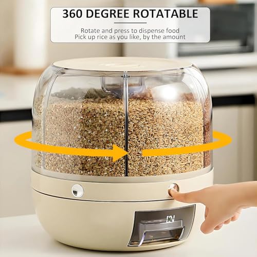 Dravizon Rotating Grain Dispenser for Kitchen | 6 Compartment Airtight Storage Container for Rice, Dal & Pulses | BPA-Free Plastic | Single-Button Dispensing | 360° Rotation | 6 Kgs Capacity - Image 4