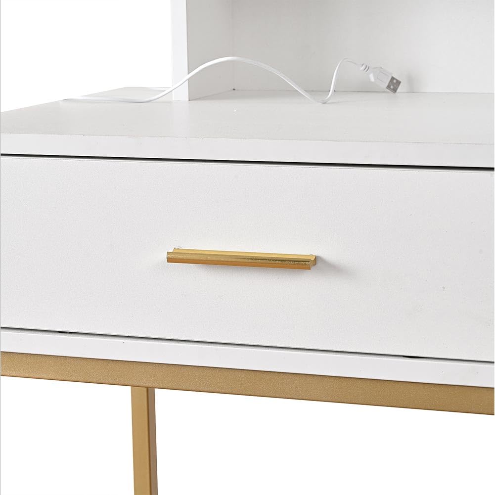 Shally Dogan Toeletta Trucco con Sgabello Modello Sofia con 10 Lampade Led, Specchiera con Tavolo e Cassetti in Legno Bianco, Seduta Comoda Imbottita, Specchio Postazione Make Up, Luce Fredda e Calda