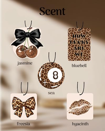 Image of Leopard Print 5pcs Car Air Freshener Bow Coquette Cheetah Print Car Accessories Automotive Interior Hanging Scents Mirror Decor for Women Teen Girls Black