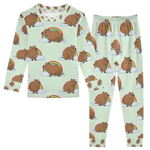 senya Capybara with Rainbow P Pajamas Set Long Sleeve Soft Cotton Sleepwear 2 Piece