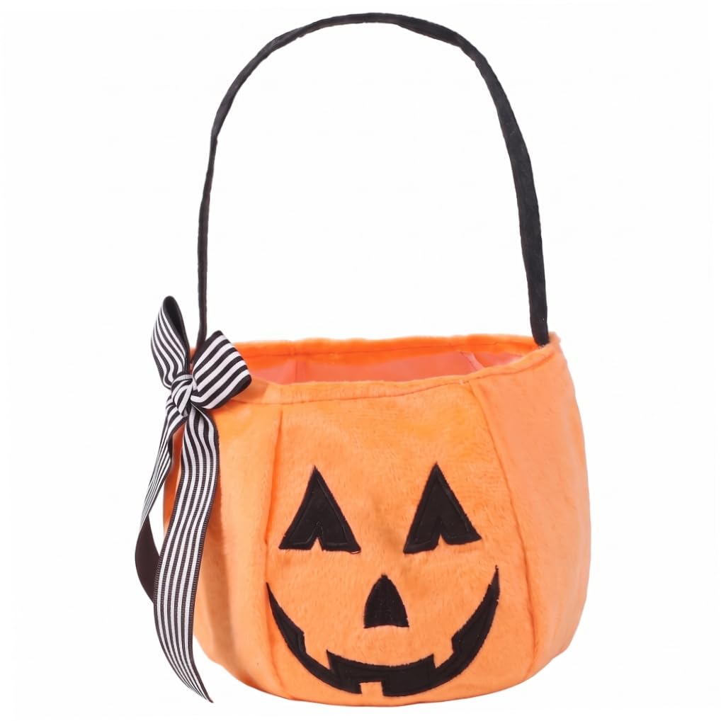 Halloween Bucket, Small Halloween Basket – Fabric Pumpkin Candy Bag With Embroidered Bow & Handle, Orange