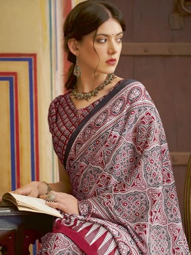 Image of SAREE MALL Women's Ajrkh Print Satin Crepe Polka Dot Printed Saree With Unstitched Blouse Piece