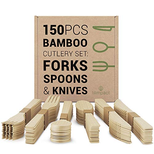 Lilimpact - Disposable Bamboo Utensils Forks Spoons Knives Wooden Cutlery Set  Natural Compostable Eco-Friendly Biodegradable Replacements 150 Count - 50 Forks 50 Spoons 50 Knives