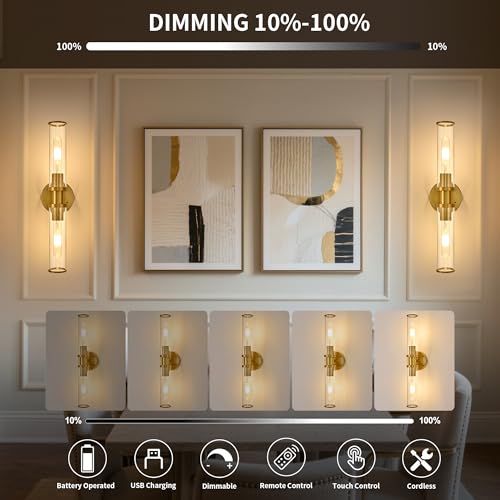 Image of 8000mAh Wireless Wall Sconces with Remote Control 3000K, Gold, 20.5 Inch | Battery Operated Wall Sconce Set of 2 with Timer, Rechargeable Dimmable Wall Lights for Living Room Bedroom Hallway Entryway