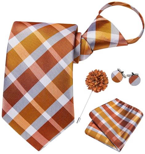 Image of Hi-Tie Mens Grey Orange Zipper Ties Plaid Adjustable Pre-Tied Necktie Lapel Pin Pocket Square Cufflinks Set