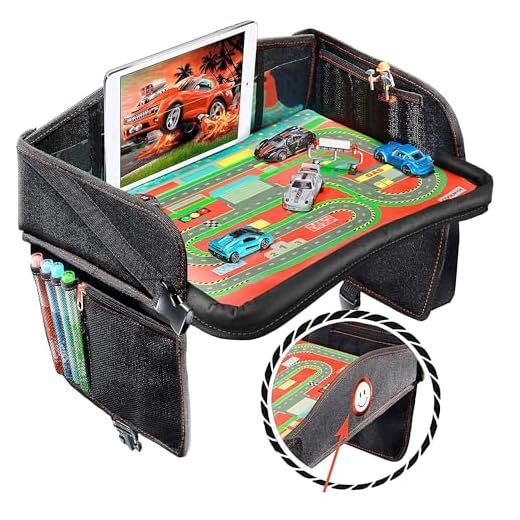 Coolmum Kids Travel Tray, Toddler Car Seat Tray, Activity Organizer, Snack Lap Tray, Baby Stroller Tray, Airplane Play Table, Waterproof and Foldable (Premium Black)