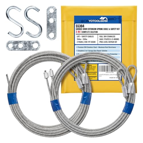 YoToolGDS 304 Stainless Steel Garage Door Extension Spring Cable & Safety Kit | 194in Lift + 104in Safety Cables (2 Pairs) with Galvanized 3-Hole Mounting Plates & S-Hooks for 7ft Garage Doors