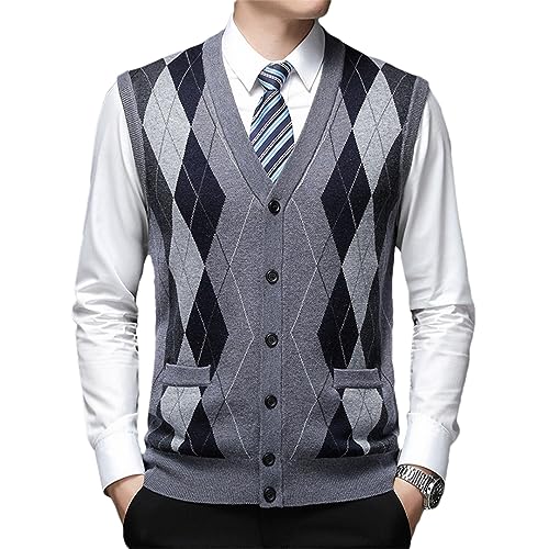 Men Vintage Sweater Cardigan Sleeveless Knit Buttons Down Patchwork 6% Wool Thick Warm Autumn Winter