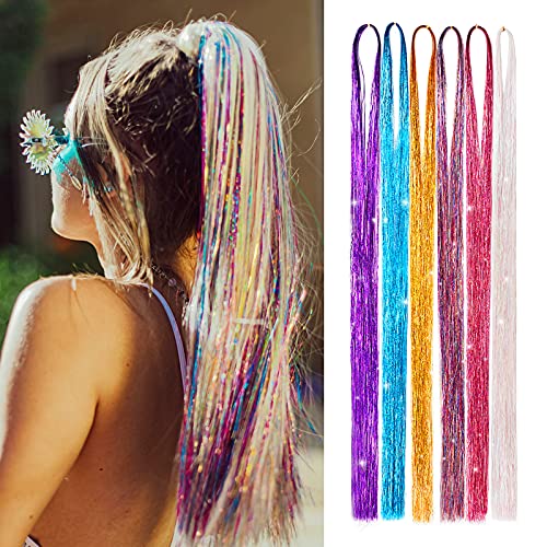 Hair Tinsel Kit 6 Colors Glitter Hair Extensions 1800 Strands Sparkling Tinsel for Hair Kit Heat Resistant 44 Inch Tinsel Hair Glitter Strands for Hair for Kids Girl Women as Gifts Christmas Decorations
