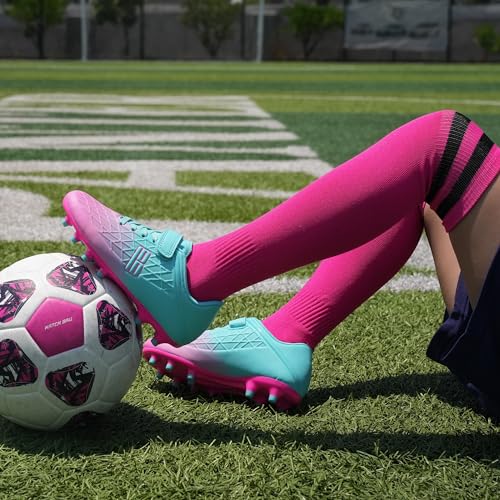 brooman Kids Firm Ground Soccer Cleats Boys Girls Football Cleats with Soccer Socks (10,Mint/Pink)