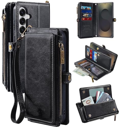 MInCYB Compatible with Samsung Galaxy S25 Wallet Case – Drop Tested PU Leather Folio Cover with RFID Blocking Card Holder, Crossbody Strap & Zipper Pocket for Galaxy S25. Black