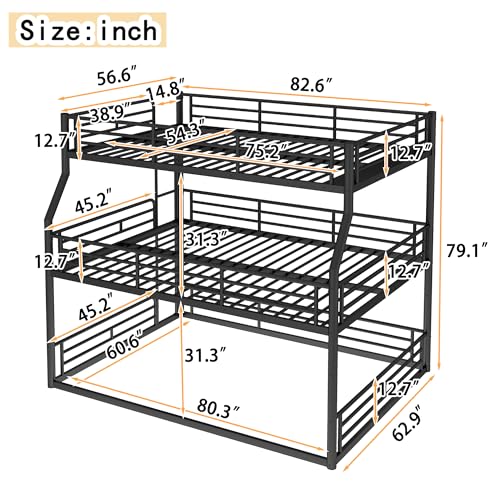 Image of Full Over Queen Over Queen Bunk Bed with Safety Guardrails, Modern Metal Triple Bed Frame for Kids, No Box Spring Required, Black