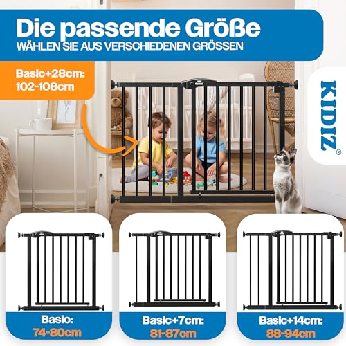 KIDIZ Treppenschutzgitter ohne Bohren | Verstellbare Breite: 74-80 cm, 75 cm hoch, Türschutzgitter und Absperrgitter für Kinder und Hunde, Beidseitige Einhand Öffnung, 90° Open-Stop System, Schwarz