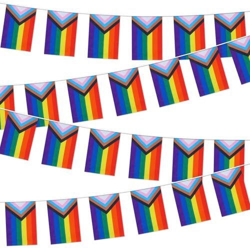 26.3 Ft Pride Decorations Bunting Banner 25Pcs Polyester Rainbow Bunting Rectangle Progress Pride Flags Gay LGBTQ Vivid Color Stripes Banner Accessories for Pride Month Outdoor Home Garden Party