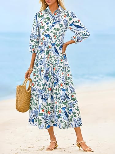 Image of Wenrine Womens Casual 3 /4 Sleeve Shirt Dress Button Down V Neck Tiered Collared Flowy Maxi Dress