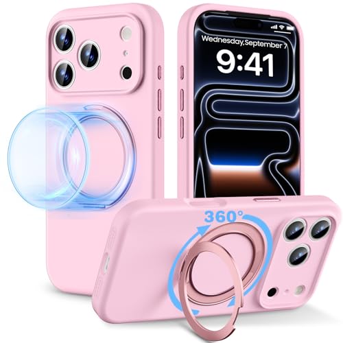 Ussttonic Silicone for iPhone 17 Pro Max Case, with 360 Spin Mag-Ring Magnetic Holder Stand Compatible with MagSafe and Camera Control, Soft Liquid Silicone Cozy Grip, Pink by Ussttonic - Used condition - US$20.21