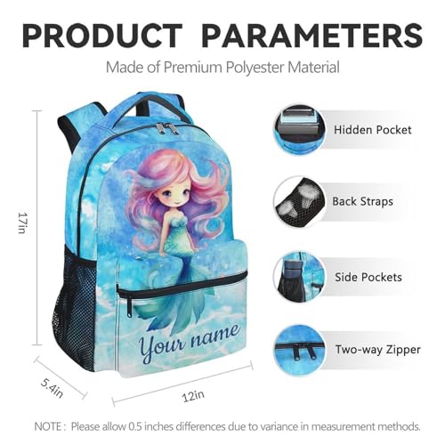 Custom Mermaid Kids Backpack Set, 3 in 1 School Backpacks Matching Combo with Lunch Box, Aesthetic Blue Middle High School Bookbag and Pencil Case Bundle4