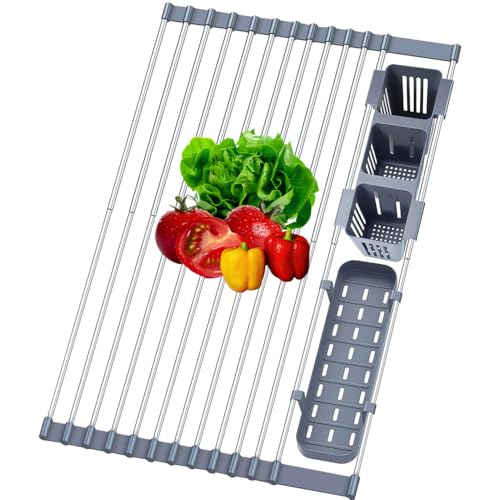 Jernoy Large Expandable Roll Up Dish Drying Rack Over The Sink with 2 Removable Utensil Holders, 304 Stainless Steel Dish Drainer for Kitchen Counter Space Saving (Up to 58 CM), Grey