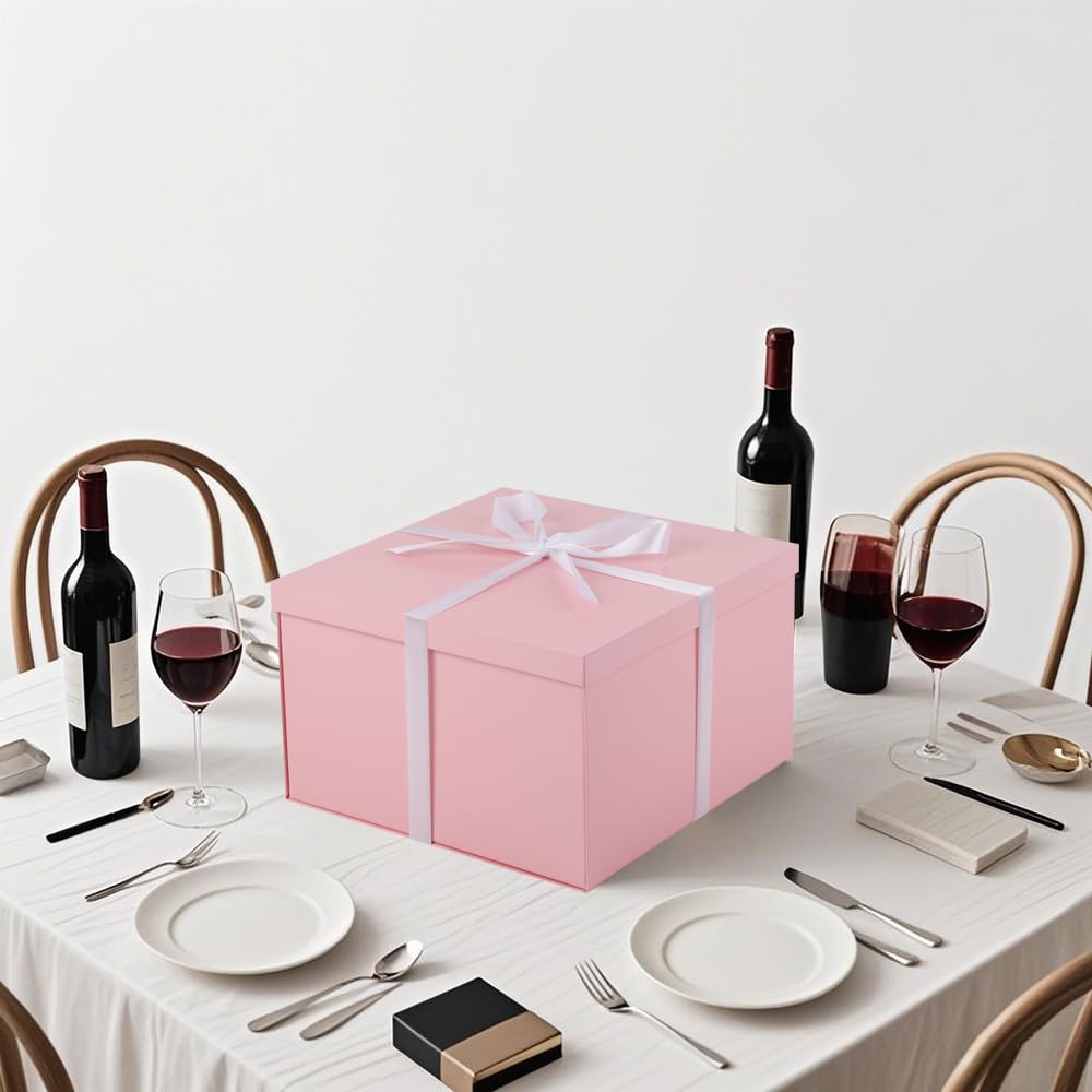 UoeRing Confezione da 2 scatole regalo grandi, 33 x 33 x 17 cm, per bomboniere nuziali, set di confezioni regalo di Natale con nastri e biglietti (rosa)