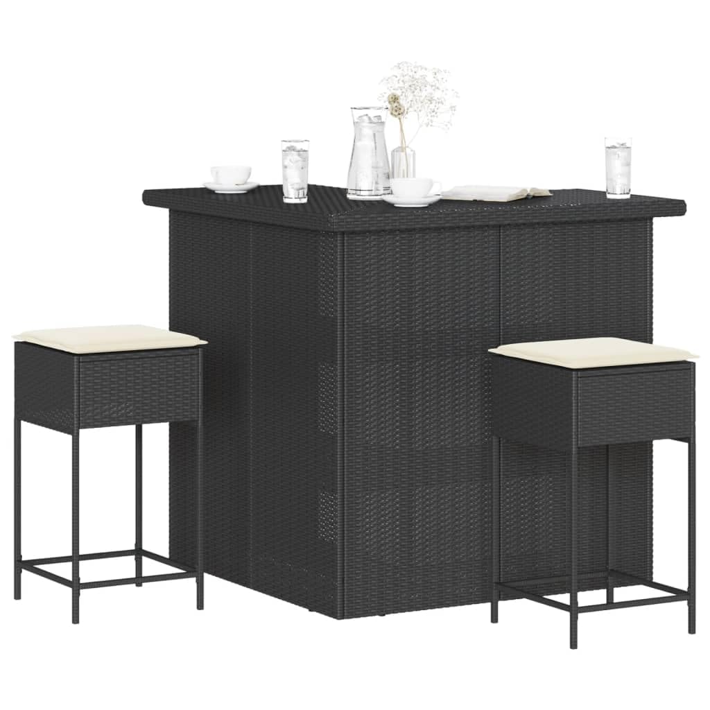 vidaXL Ensemble de Bar de Jardin 3 pcs avec Coussins Noir Poly rotin