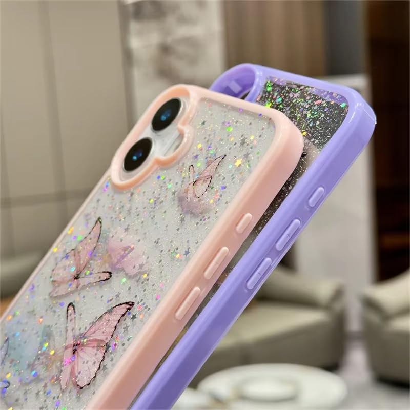 Image of VONZEE for iPhone 16 Plus Clear Glitter Butterfly Case, Cute Bling Sparkle Shiny Soft TPU Bumper Shockproof Women Girls Slim Protective Phone Cover for iPhone 16 Plus 6.7 inch, Pink