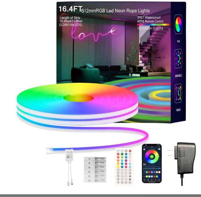 Neon Rope Lights, 16.4FT RGB LED Strip Lights, App Control, IR Remote, Outdoor IP67 Waterproof, Music Syncing, Flexible DIY Design for Bedroom, Gaming, Party, Christmas Decor