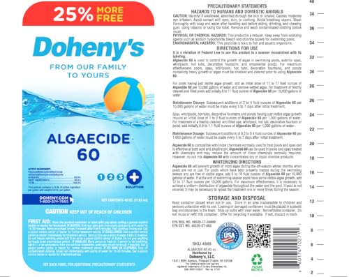 Image of Doheny's Algaecide 60 | Pro-Grade, Metal-Free & Non-Foaming | Prevents All Algae Types | No Stains, No Clouding | Safe for Salt, Chlorine & Bromine Pools | Treats 160,000 Gallons | 40oz