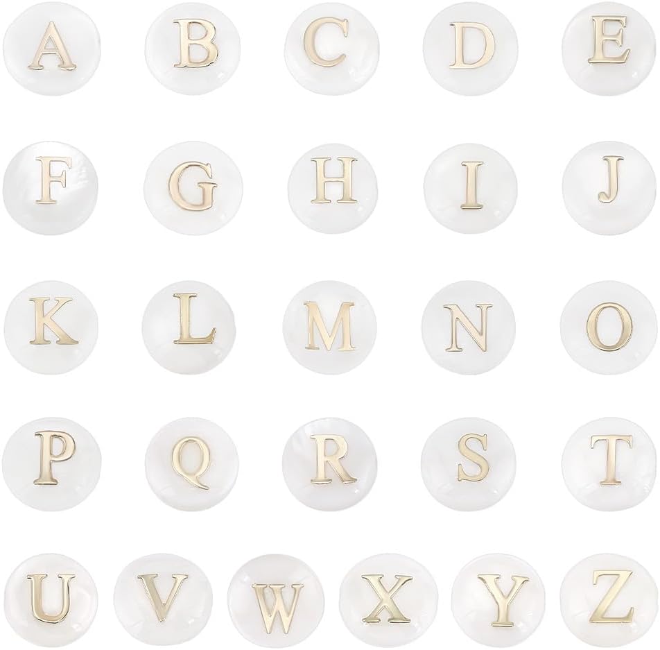 PH PandaHall Alphabet A-Z Beads Natural Freshwater Shell Beads 26PCS Summer Seashell Bead Disc Spacers Round Letter Bead for Boho DIY Necklace Bracelet Earring Keychain Jewellery Making Craft